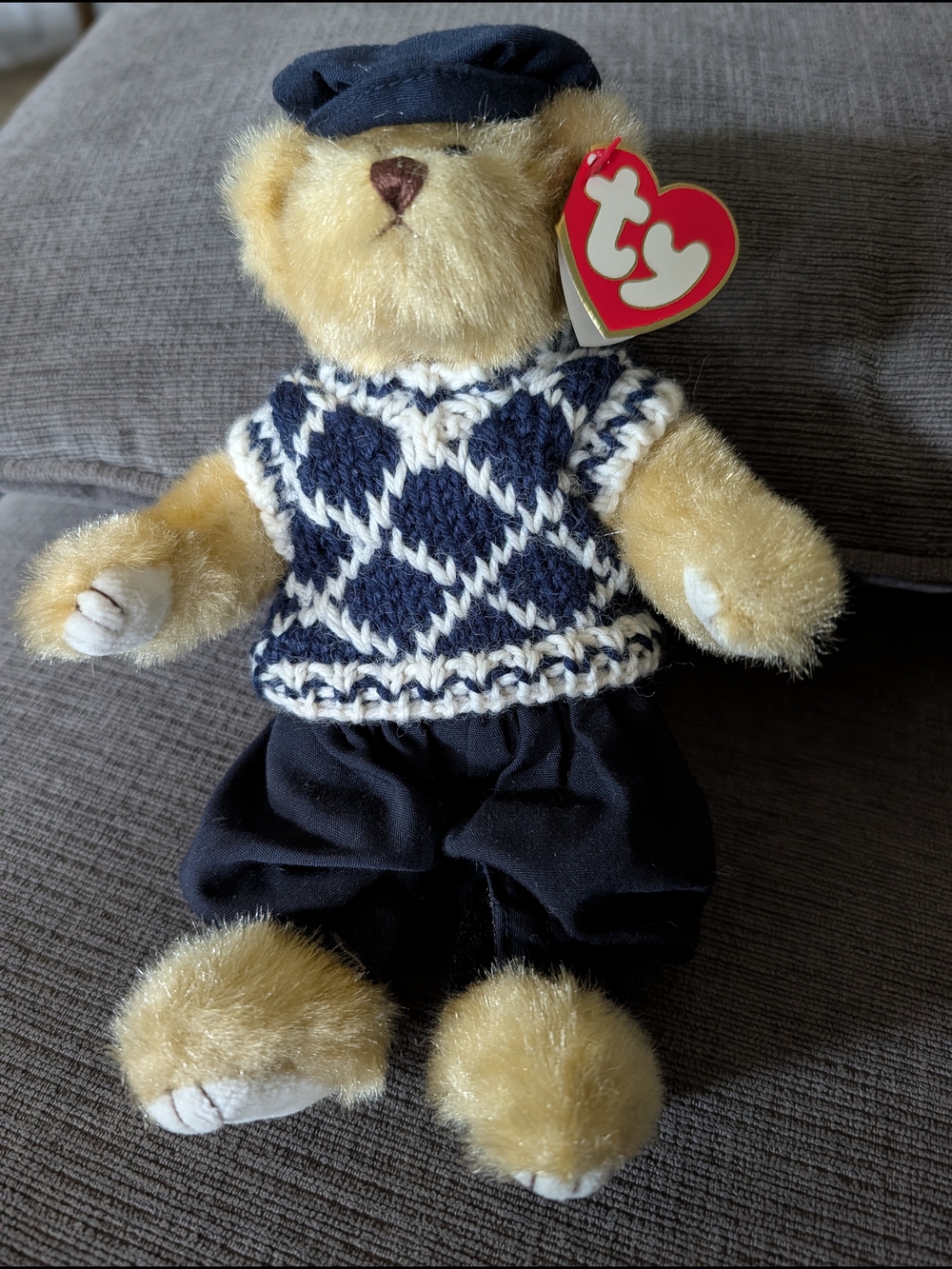 Ty Beanie Baby Plush Bear. The Attic Treasure Collection In Navy Argyle Sweater